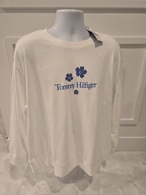 Tommy Hilfiger White Crewneck Sweatshirt with Blue Floral Logo